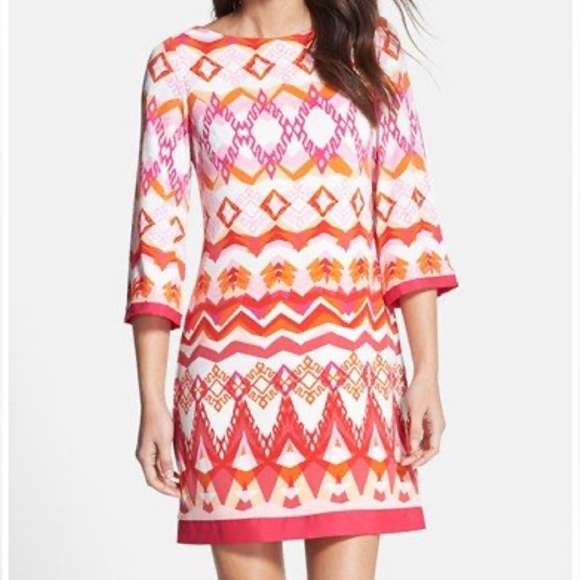 Eliza J Women's Geometric Print Colorful Shift Dress Pink Red 8 Petite Occasion - Picture 1 of 13